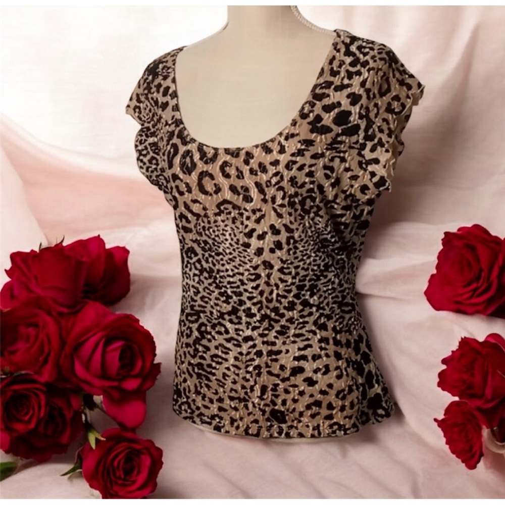 💋 INC Sexy Leopard Print Shimmer Short Sleeved StretchTop Sz Large